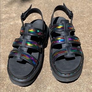 Dr. Martens Yelena. Rainbow sequin sandals.